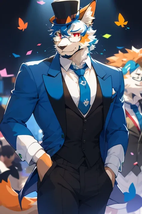 best quality, masterpiece, male, handsome, short, antropomorfic Coyote, black comfetti white and blue top hat, a butterfly green tie, orange party glasses and confetti jet-pack, formal dark blue party outfit. red eyes, a big bone tail, blue ears, white che...