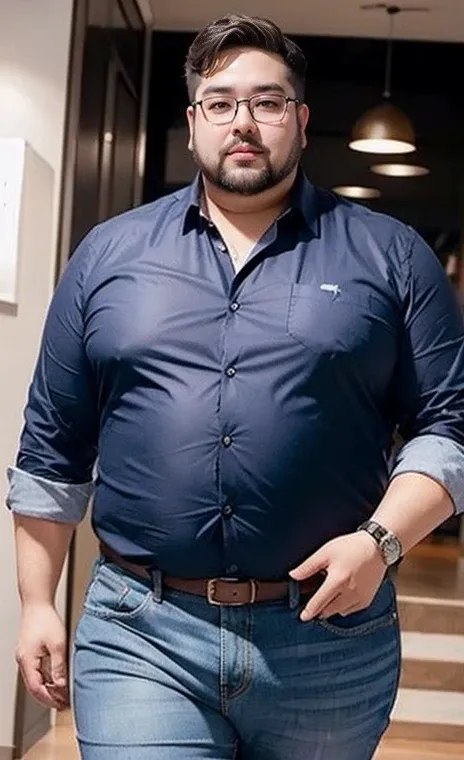 Tall overweight man with square glasses in jeans and formal blouse