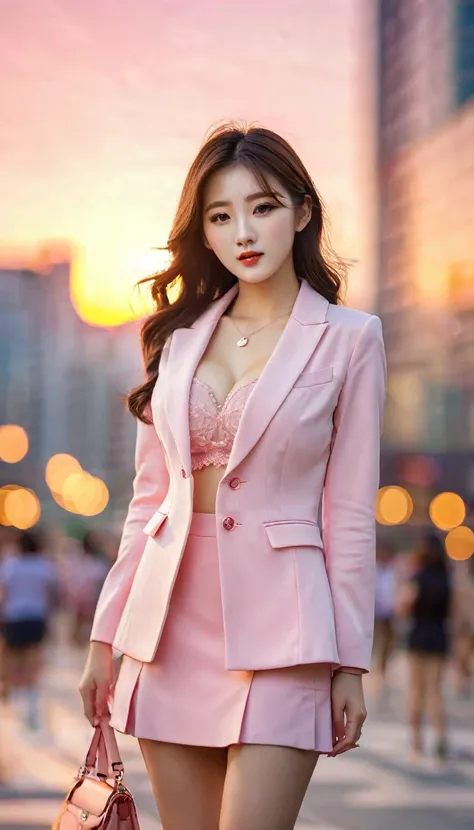 Full body of beautiful korean female, 34 inch breasts size, wearing pink suit, and short skirt, in the city, sunset light, bokeh background, UHD