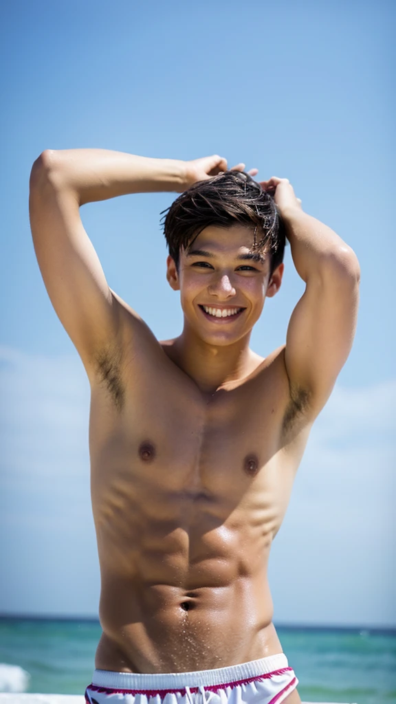 male Age 17 swimwear lifeguard topless smile armpit hair