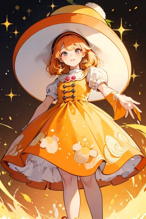 Nokobotchi somewhat resembles a mushroom. She wears a large, round hat which is orange with yellow spots. She wears an orange dress with yellow trim around the collar. Her arms are orange and her feet are small and yellow. She has a light cream-colored fac...