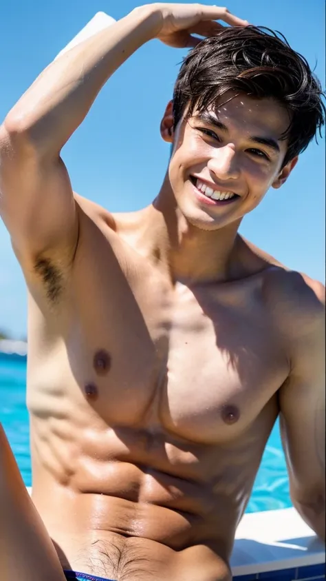 male Age 18 swimwear lifeguard topless smile armpit hair