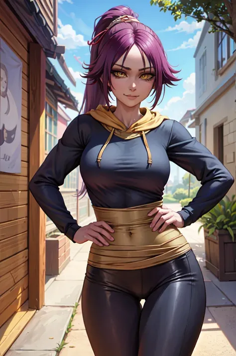 (masterpiece, best quality:1.2), solo, 1girl, shihouin yoruichi, smirk, looking at the viewer, hands on hips, ponytail, long sleeves, black pants, masterpiece, realistic eyes, best quality, closed mouth, beautiful lighting, cinematic, 8k, facial, wet face,...