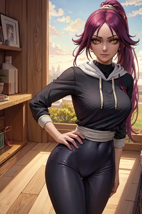 (masterpiece, best quality:1.2), solo, 1girl, shihouin yoruichi, smirk, looking at the viewer, hands on hips, ponytail, long sleeves, black pants, masterpiece, realistic eyes, best quality, closed mouth, beautiful lighting, cinematic, 8k, facial, wet face,...