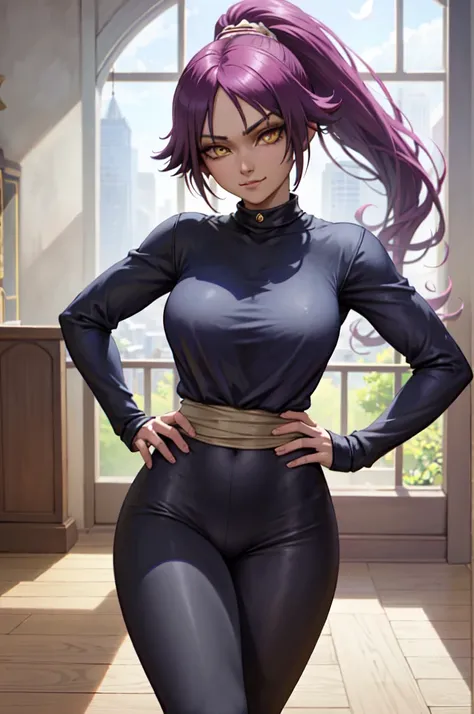 (masterpiece, best quality:1.2), solo, 1girl, shihouin yoruichi, smirk, looking at the viewer, hands on hips, ponytail, long sleeves, black pants, masterpiece, realistic eyes, best quality, closed mouth, beautiful lighting, cinematic, 8k, facial, wet face,...