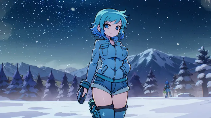 a girl ramona flowers shirt jacket roller skates super huge breasts breast enlargement smiling while standing alone in the snow ...