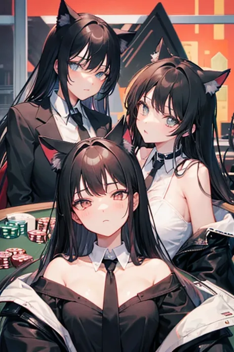 Black Hair，Black clothing，Cat ear，Two girls，Poker face，tie