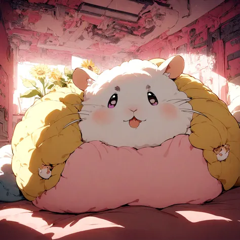 (masterpiece, highest quality), Anthropomorphic Hamster, Pink room with intricate details、 Eating sunflower seeds、Editing on a computer。Fluffy cushions and beds, With intricate details, Cinematic, Dynamic Lighting