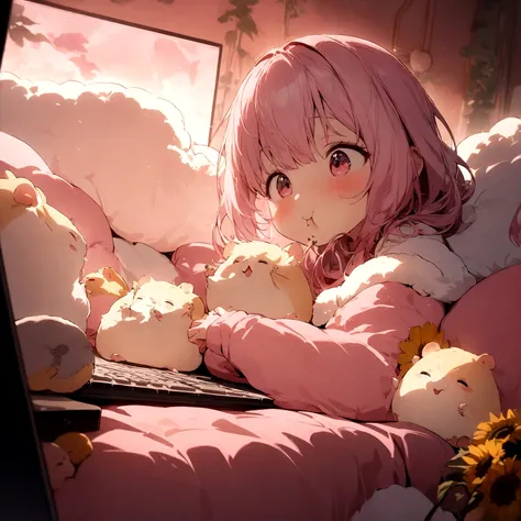 (masterpiece, highest quality), Anthropomorphic Hamster, Pink room with intricate details、 Eating sunflower seeds、Editing on a computer。Fluffy cushions and beds, With intricate details, Cinematic, Dynamic Lighting