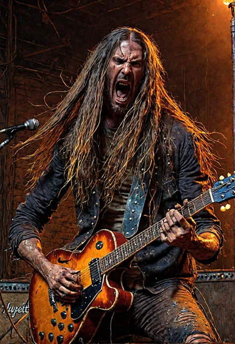 a man with wires and rust, long hair, playing guitar and screaming, highly detailed, hyperrealistic, photorealistic, 8k, masterpiece, dramatic lighting, intense colors, cinematic composition, moody atmosphere, gritty, grunge, industrial, surreal, dark fant...