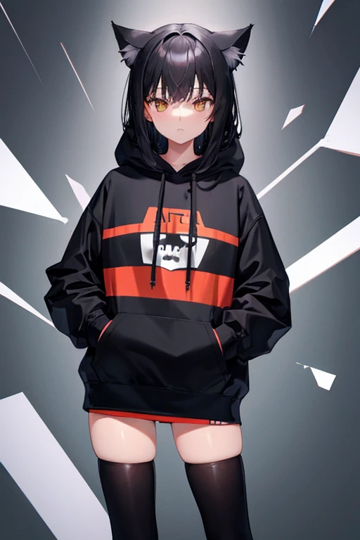 Black Hair，Hoodies，Cat ear，Girl，Poker face，tie，Standing，whole body