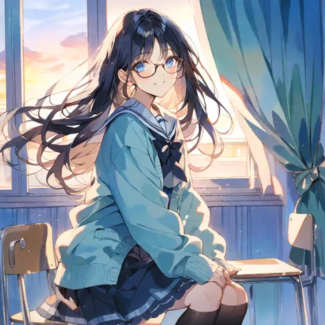 solo, handsome,Watercolor, 
1. Female,
Straight long Hair, Blueblack hair, 
Light blue eyes,Soft look,Lolita,
Navy blue high school girl,Sailor suit,Black Knee Socks,Glasses,cardigan,skin,Smile Classroom,curtain,sunset