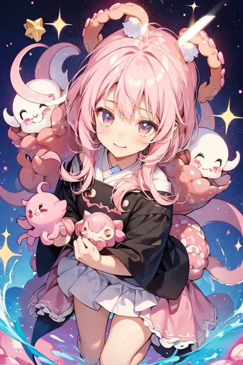 Octopus Nyatchi resembles Nyatchi but its head is white and with no cheeks,  five stars, pink SPARKLE; GLITTER