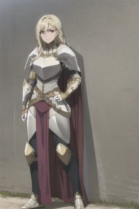 , 1female_knight, full body, armor, braid, highly detailed face, best quality, breastplate, cape, shoulder armor,