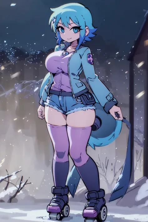 a girl ramona flowers shirt jacket roller skates super huge breasts breast enlargement smiling while standing alone in the snow ...