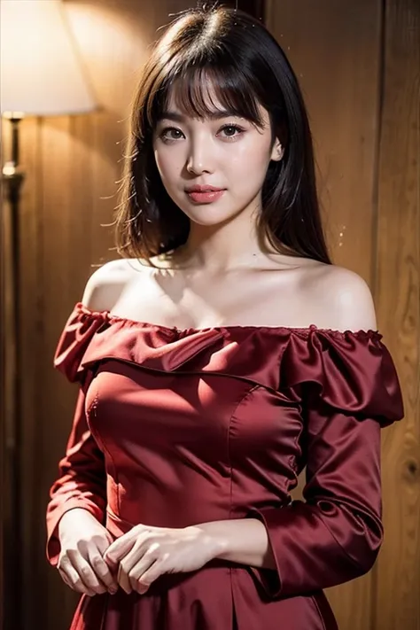 ((highest quality、8k、masterpiece:1.3))、Realistic, Sharp focus, High resolution, High resolution,Portraiture, one person、Japanese、woman, beautiful woman, (((Crimson off-shoulder　 dress)))、30 years old, plump, Medium Long Hair,smile、Geometric background