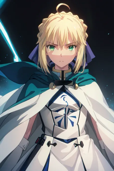 best quality, masterpiece, highres, solo, {saber_fatestaynightufotable:1.15}, blonde_hair, ahoge, green_eyes, ribbon, hair_ribbon, braid, blue_ribbon, short_hair, 1girl, hood, cape, hood_up, raincoat, yellow_raincoat, cloak, armor, upper_body