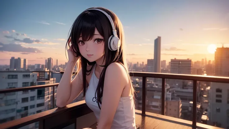 There is a woman sitting on a shelf wearing headphones., Watching the sunset. anime, Lo-fi Girl, anime style 4 k, Lofi Artstyle, Portrait of Rofi, Alena Aenamiのスタイル, Lofi Art, Lo-fi feeling, 4k anime wallpaper, Alena Aenami, Makoto Shinkai Cyril Rolando