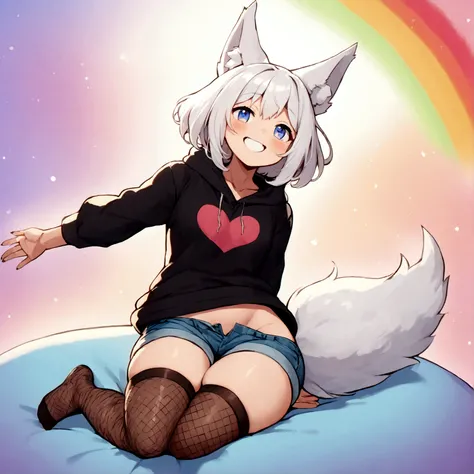 a cute adult male with wolf ears, white hair, has a wolf tail, wearing a loose cropped oversized black hoodie, wearing a pair of denim short shorts and thigh high fishnet stockings, thick thighs, wide hips, relaxing on mound of fluffy multi colored kawaii ...