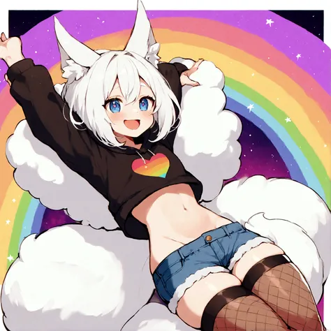 a cute adult male with wolf ears, white hair, has a wolf tail, wearing a loose cropped oversized black hoodie, wearing a pair of denim short shorts and thigh high fishnet stockings, thick thighs, wide hips, relaxing on mound of fluffy multi colored kawaii ...