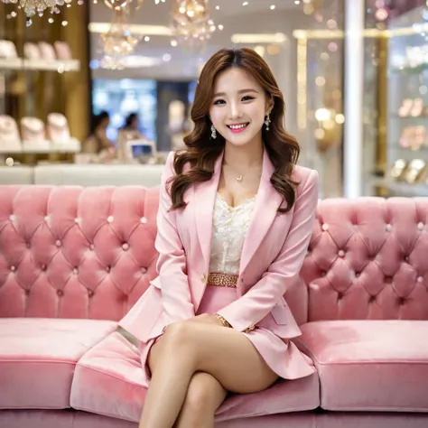 Full body,side view of beautiful korean female, 34 inch breasts size, Cheerful smile ,wearing pink suit, and short skirt, Sitting on a sofa in a luxury jewelry store,bokeh background, UHD