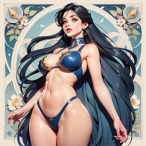 ((masterpiece)), (best quality), (Work), Art Nouveau watercolor painting , moon goddess , big breasts，The nipples are prominently prominent，robe，thong，show navel，exposed cameltoe，detailed big eyes, long hear, thick eyelashes, plump lips, light blue eyes, h...