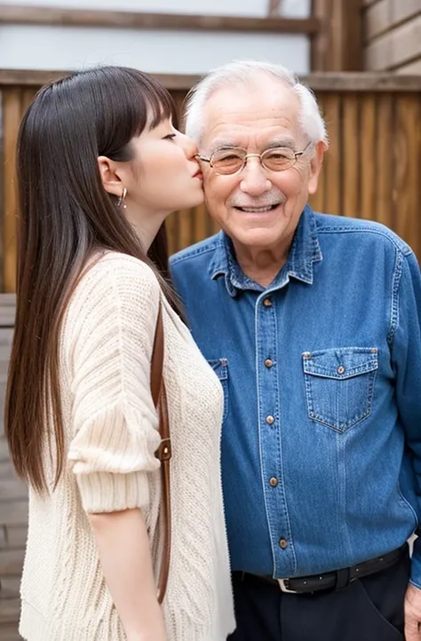 Just two persons　A 70-year-old man and his 20-year-old daughter　my daughter looks as young and cute as a 15-year-old idol.　my daughter is short, About 155cm.　Kissing a 70 year old man　my daughter&#39;Small breasts　Cleavage