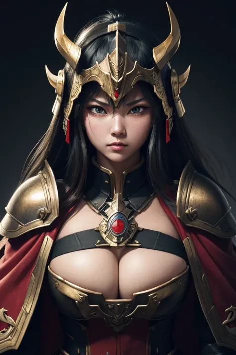 Detailed portrait of Cinematic shot,cute girl,cape,samurai,gold and red assassin armor,intricate armor,vikings helmet, angry, full body,gundam Emphasize blackened steel,detailing,4k resolution,enaissance style,high contrast,cinematic lighting, clean-shaven...