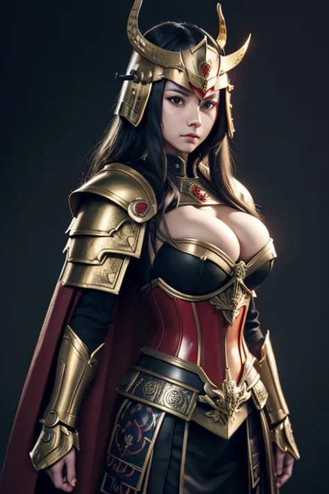 Detailed portrait of Cinematic shot,cute girl,cape,samurai,gold and red assassin armor,intricate armor,vikings helmet, angry, full body,gundam Emphasize blackened steel,detailing,4k resolution,enaissance style,high contrast,cinematic lighting, clean-shaven...