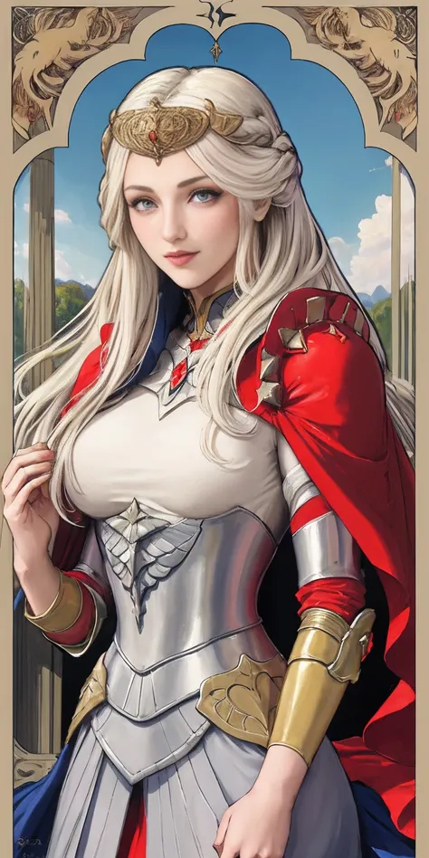 (masterpiece, best quality) 1girlsolo (the empress:1.15) platinum blonde, long hair (red cape) curtain, armored dress, queen dre...