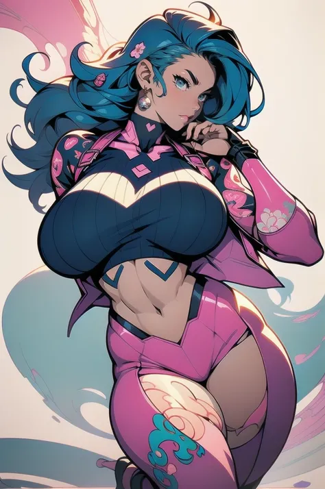 ((Best quality)), ((perfect masterpiece)), (detailed: 1.4), (Absurd), (((full body, curvy body, super huge enormously gigantic , arching her back in a sexy seductive slutty pose)), (((blue hair woman, 
blushing, full pouting pink lips))), 35-year-old woman...