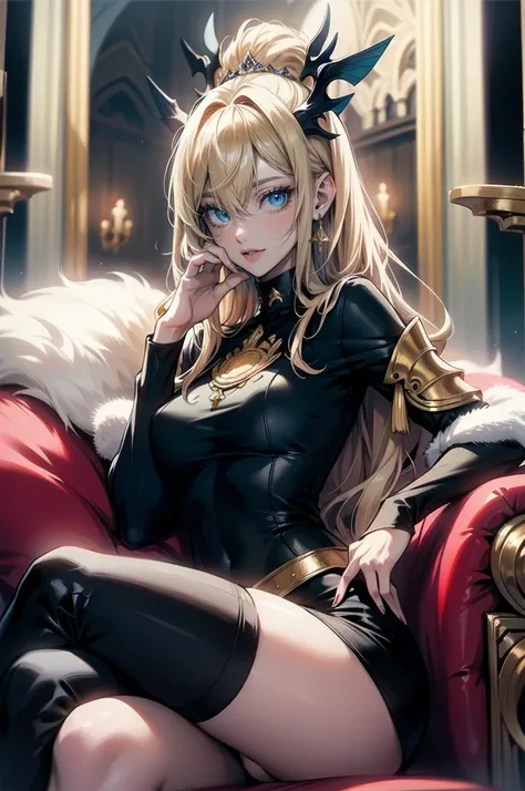 (masterpiece, best quality, absurdres, 4k, aesthetic, detailed, intricate),sitting,altar,crossed legs,1girl,lunapriest,blonde hair, long hair, makeup, blue eyes, perfect eyes, perfect face, detailed face,pauldrons, turtleneck, crop top, pencil skirt, thigh...