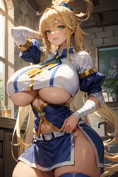 A2 Neil, Long yellow blonde hair, muscular, messy hair, ((((ridiculously big breasts))), (ridiculously huge breasts: 1.5), (huge breasts)), big, green eyes, stand up, Sarashi white breasts, Sarashi, underboob, chest bandage, arm bandage
(Extremely detailed...