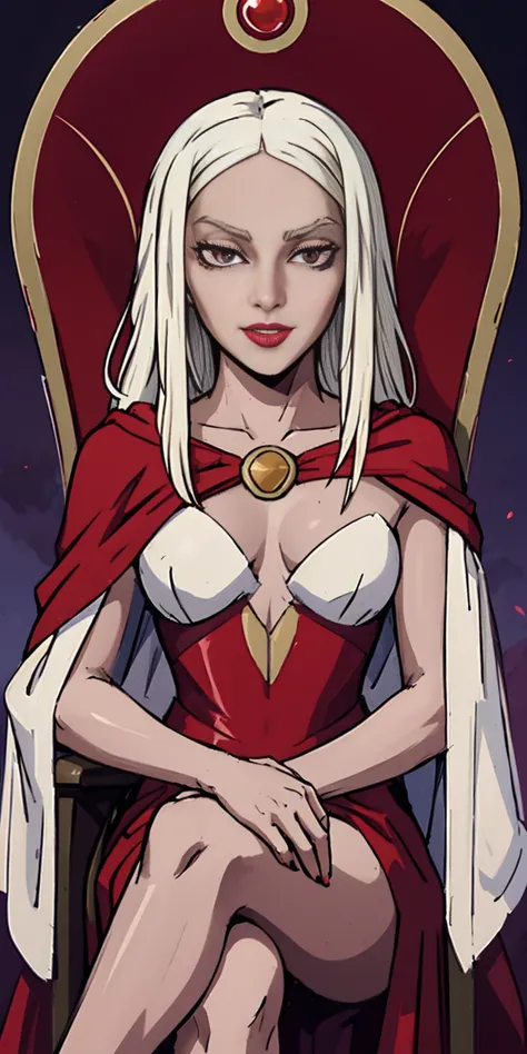 (masterpiece, best quality) 1girlsolo (the empress:1.15) platinum blonde, long hair (red cape) curtain, armored dress, queen dress, aurora (sunshine, sky, river, forest) expressionless, red eyes, very long hair (art nouveau:1.2) alphonse mucha, tiara (face...