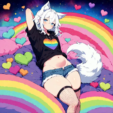 a cute adult male with wolf ears, white hair, has a wolf tail, wearing a loose cropped oversized black hoodie, wearing a pair of denim short shorts and fishnet stockings, thick thighs, wide hips, relaxing on mound of fluffy multi colored kawaii plushies, s...