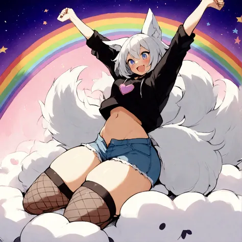 a cute adult male with wolf ears, white hair, has a wolf tail, wearing a loose cropped oversized black hoodie, wearing a pair of denim short shorts and thigh high fishnet stockings, thick thighs, wide hips, relaxing on mound of fluffy multi colored kawaii ...