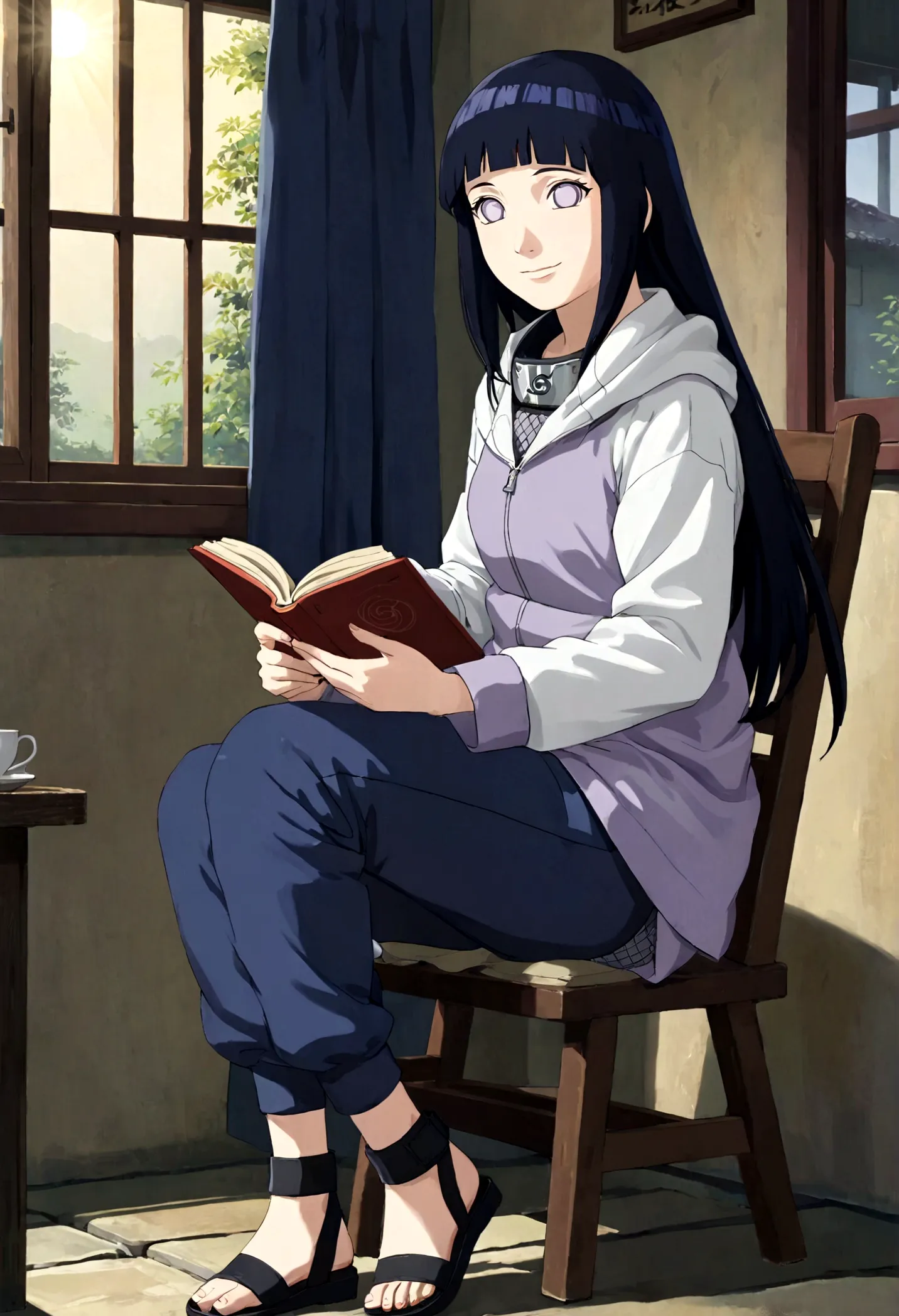 1girl, hinata hyuga, sitting in a rocking chair by the window, holding a book in hand, looking out gently. the sun shines throug...