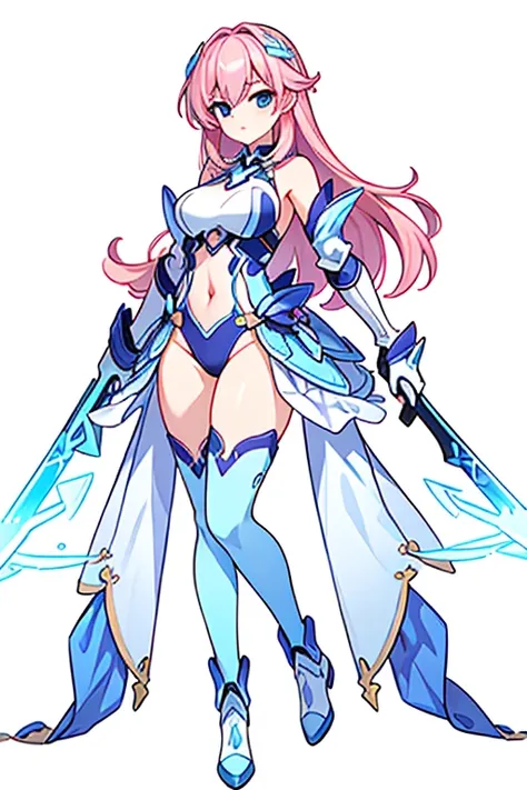 (((Best Quality))) , ((full body)), An adult female, (((white background))), variety of hairstyles, variety of design, gauntlets, leotard, body stocking, (cropped shoulders), sword, holding sword, gloves, stand posture, ((lightblue theme costume)), pink ha...