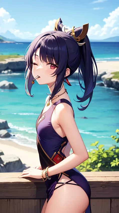 Nirou (Genshin Impact), Across the Sea, One girl, Background Blur, Mouth closed, Bare arms, accessories, Sleeveless, Exposing shoulders, Redhead, bracelet, necklace, Cowboy Shot, Landscape