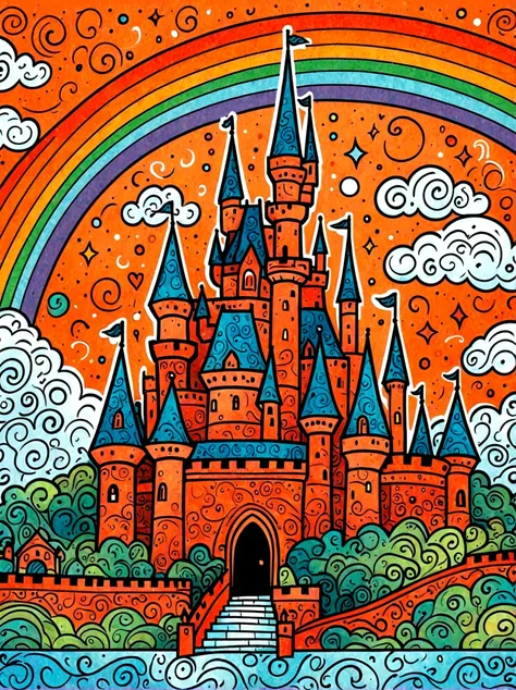 Cartoon hand drawn, A colorful castle，Clean background，Blue sky and white clouds，Dopamine Color，The background is a rainbow，Colourful, Bright blue and green square walls, The color palette is in red, orange and black tones and has a sketchy style, The back...