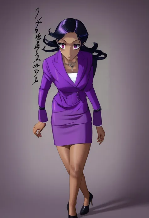 Black business woman in a purple skirt suit with short hair 