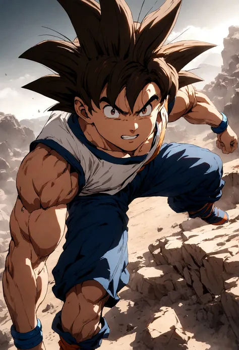 brown haired male like Goku, broken eyebrow on right side, brown eyes, wearing white tank top, blue pants, white sports bracelet, muscular