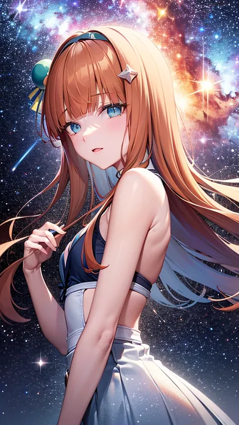 High detail, Super detailed, Ultra-high resolution, A girl having a good time in a dream galaxy, Surrounded by stars, The warm light that shines on her, The background is a starry sky with colorful galaxies and galactic clouds, The stars fly around her, De...