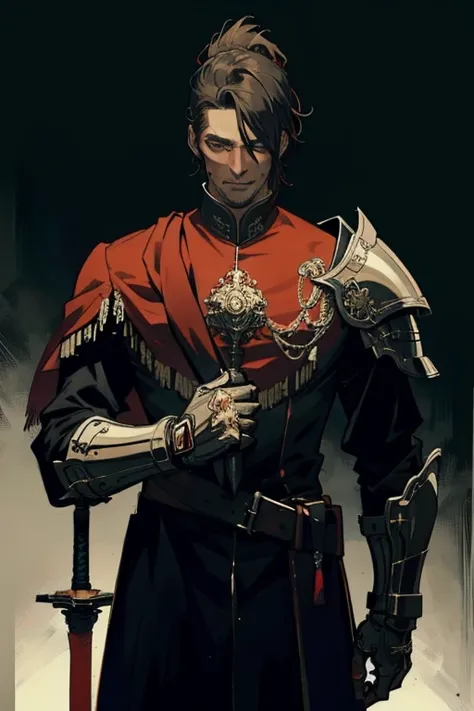 A man in a dark red Victorian suit. The shoulders and head are protected by armor, and a two-handed sword is in his hands. He looks directly at the viewer, wearing a deaf helmet.