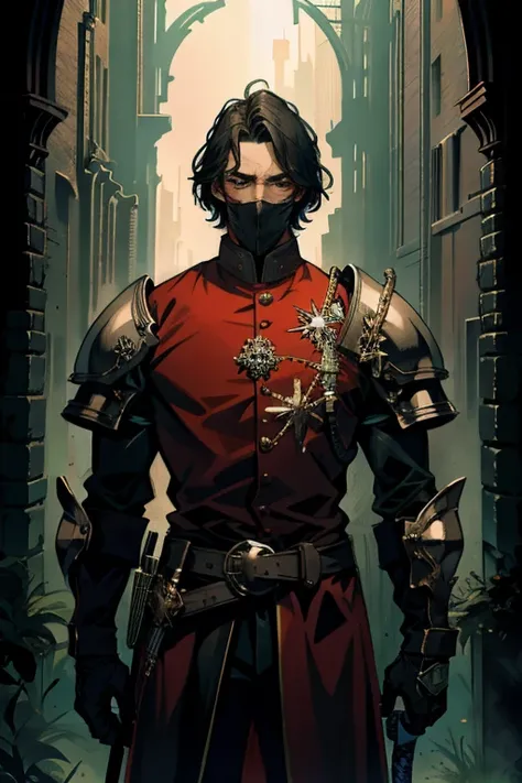 A man in a dark red Victorian suit. The shoulders and head are protected by armor, and a two-handed sword is in his hands. He looks directly at the viewer, wearing a deaf helmet.