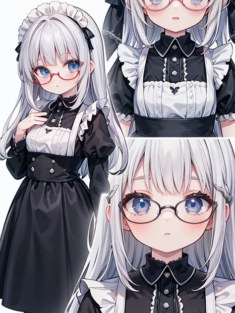 masterpiece, highest quality, Very detailed, 16k, Ultra-high resolution, three views, Fantastic Background, Detailed face, Perfect Fingers, 14-year-old girl, blue eyes, Glasses, Silver Hair, Long Hair, Braid, Black maid outfit