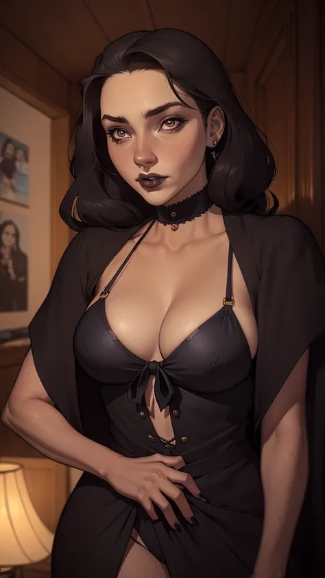 a close up portrait mode Cartoon style GTA style digital illustration of a woman in a black dress and black hair, linda rainha vampira, linda rainha feminina vampira, gothic maiden, very beautiful gothic top model, beautiful vampira feminina, goth girl, go...