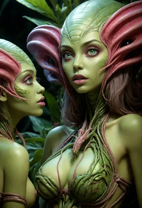 a bunch of sensual plant alien women, extremely detailed, beautiful detailed eyes, beautiful detailed lips, extremely detailed faces, longeyelashes, alien plant anatomy, scantily clad, large breasts, captive human bound and gagged, discussing evolution, sp...