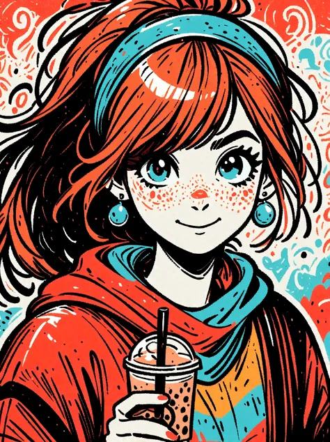 Cartoon hand drawn, 1girl, solo, Smile，Ponytail，wearing blue headscarf，Drinking milk tea，Wearing pearl earrings，Dopamine Color，The background is a rainbow，Colourful, Wearing bright blue and green square clothes，Holding electric weapons, The color palette i...