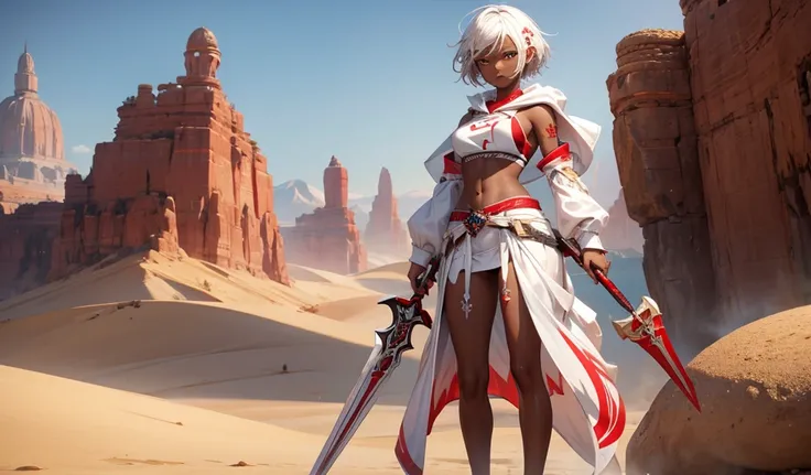 Girl with short white hair, black skin and tattoos，Transparent hood，Red and white sports bra，thong，transparent long skirt，，barefoot，Scimitar，desert